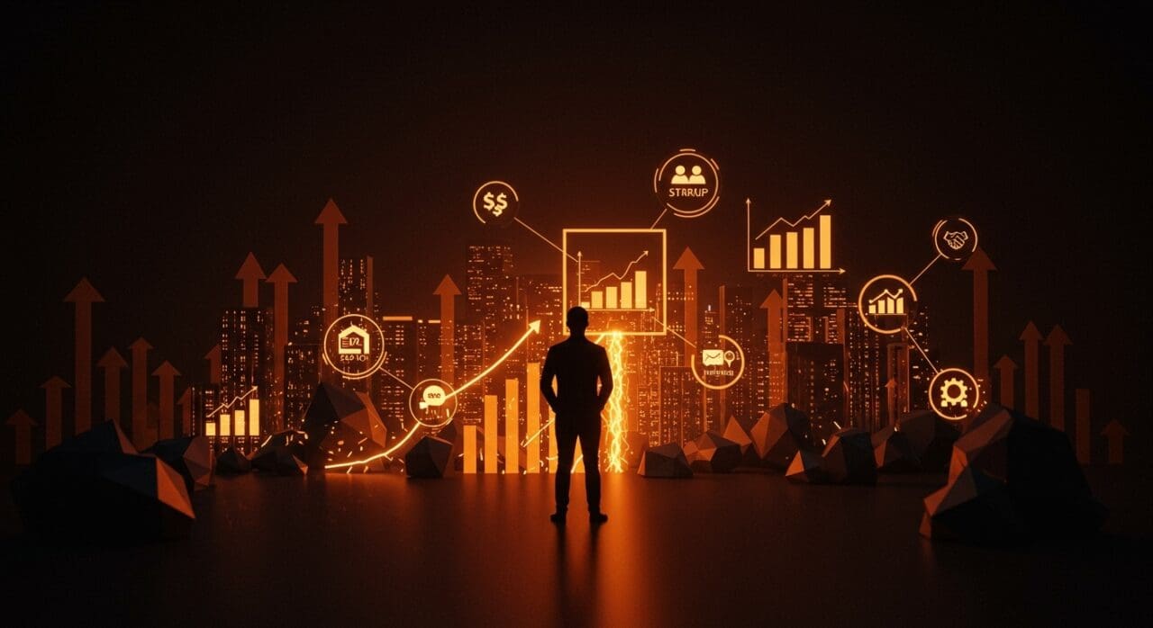 Inversiones de private equity impulsando startups tech en LATAM con metáforas visuales de escalabilidad y gobernanza.