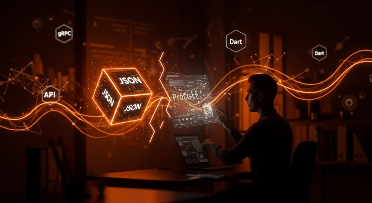 Comparativa visual de Protobuf y JSON en APIs, mostrando eficiencia y escalabilidad para startups tecnológicas.