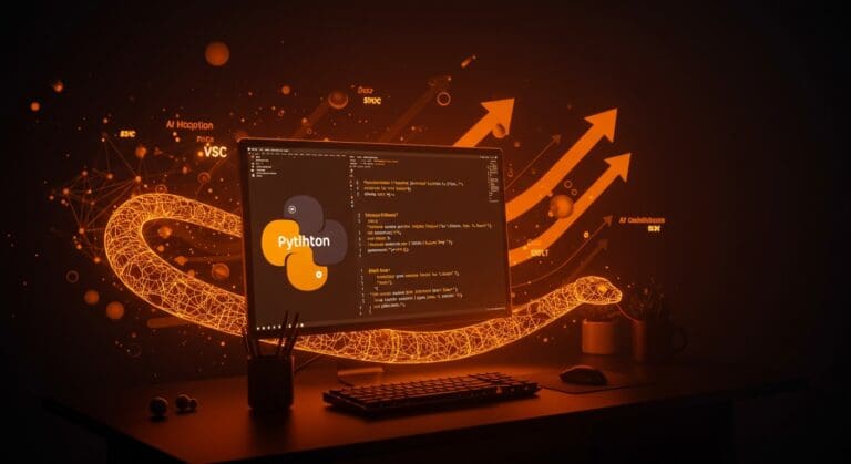 Imagen editorial de alto impacto mostrando Python 3.15 optimizado con intérprete más rápido en Windows, destacando rendimiento y software de inteligencia artificial en Ecosistema Startup.