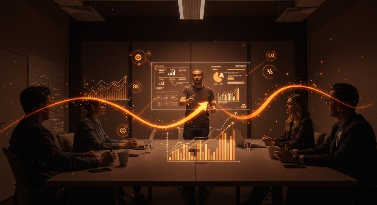 Fundadores y inversores interactuando en una sala moderna con elementos visuales que representan el funding y la evaluación de una Serie A para startups.