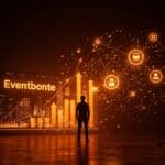 Figura de visionario tecnológico frente a un paisaje digital que representa la adquisición de Eventbrite por Bending Spoons y su impacto en las tendencias del mercado.