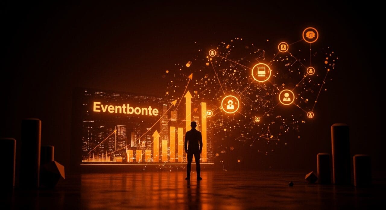 Figura de visionario tecnológico frente a un paisaje digital que representa la adquisición de Eventbrite por Bending Spoons y su impacto en las tendencias del mercado.