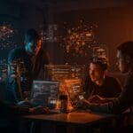 Equipo tecnológico colaborando en un entorno digital para mejorar software open source y evitar slopware con buenas prácticas en IA.