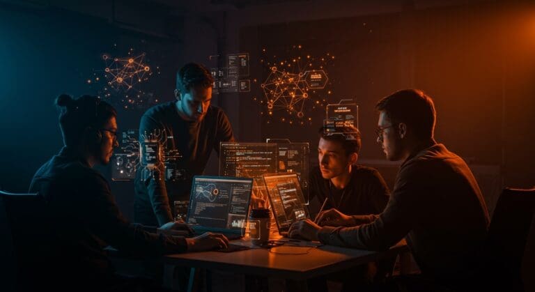 Equipo tecnológico colaborando en un entorno digital para mejorar software open source y evitar slopware con buenas prácticas en IA.