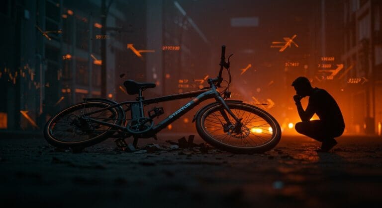 Bicicleta eléctrica caída simbolizando la bancarrota de Rad Power Bikes y aprendizajes para startups de hardware en LATAM.