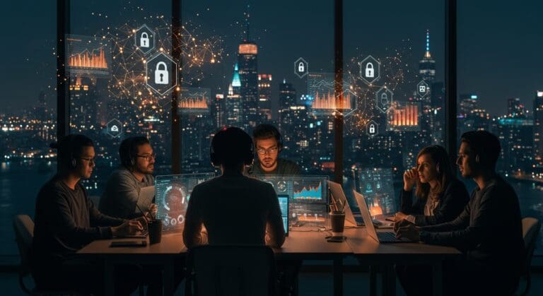 Desarrolladores de IA colaborando con hologramas de protocolos de seguridad en Nueva York, reflejando la nueva regulación de IA y su impacto en startups LATAM.