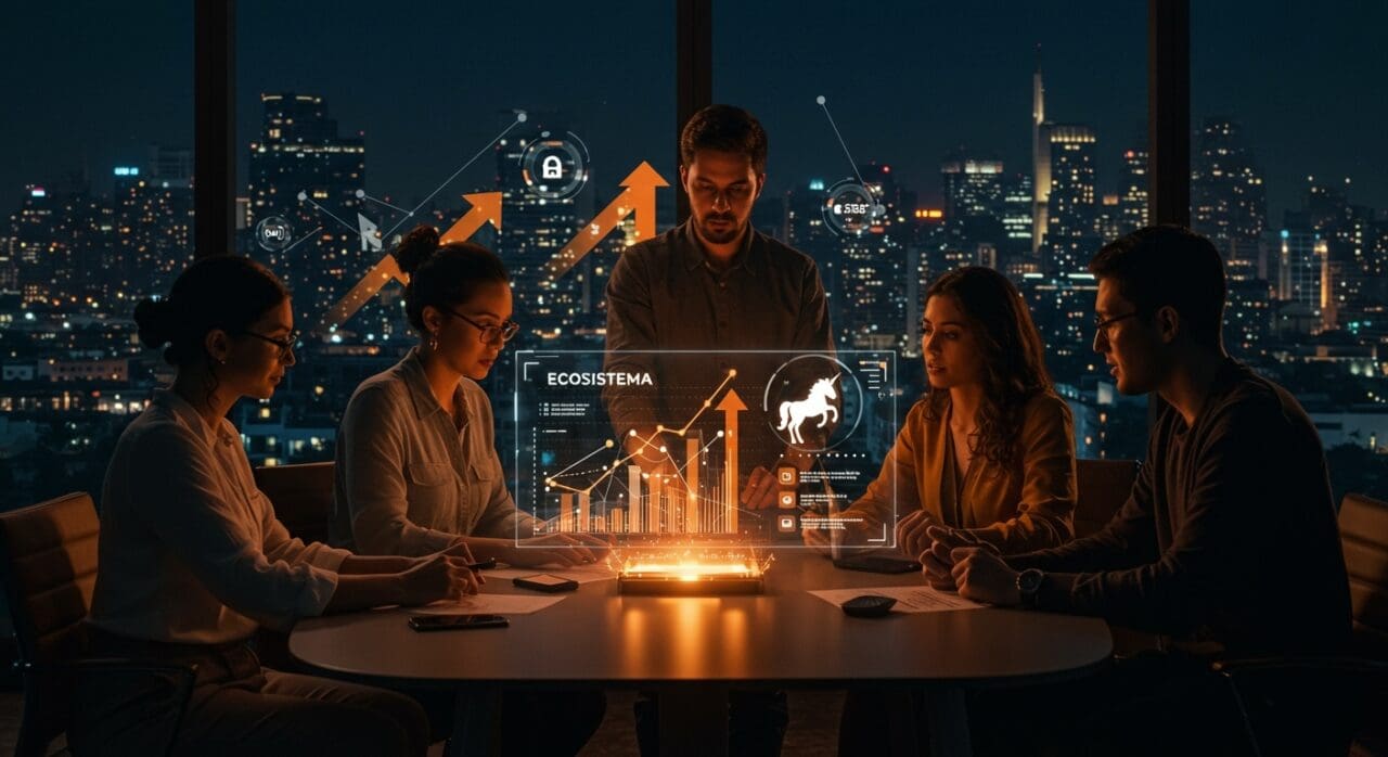 Fundadores colaborando con hologramas de startups y unicornios en un entorno futurista que refleja las tendencias y valuaciones del mercado tecnológico latinoamericano en 2025.