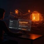 Defensa visual de la vulnerabilidad React2Shell CVE-2025-55182 en aplicaciones SaaS y Next.js con seguridad informática avanzada.