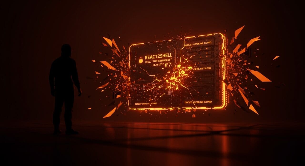 Vulnerabilidad crítica React2Shell en React Server Components y Next.js representada con metáforas visuales de riesgo de seguridad informática y ejecución remota de código.