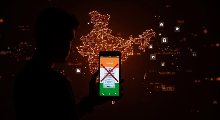 Regulación tecnológica y privacidad en India representada por smartphone y símbolos digitales en paleta naranja y negra.