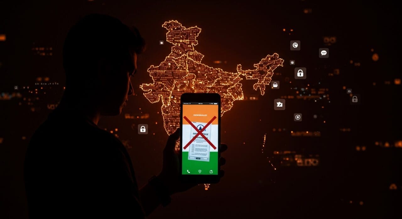 Regulación tecnológica y privacidad en India representada por smartphone y símbolos digitales en paleta naranja y negra.