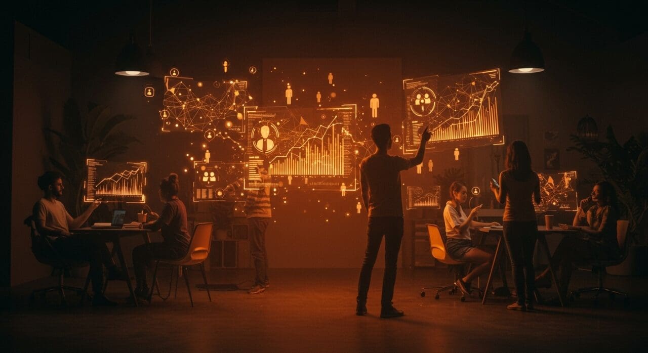 Interacción humana con interfaces digitales que muestran algoritmos influyendo en relaciones sociales y comportamiento en el ecosistema startup.