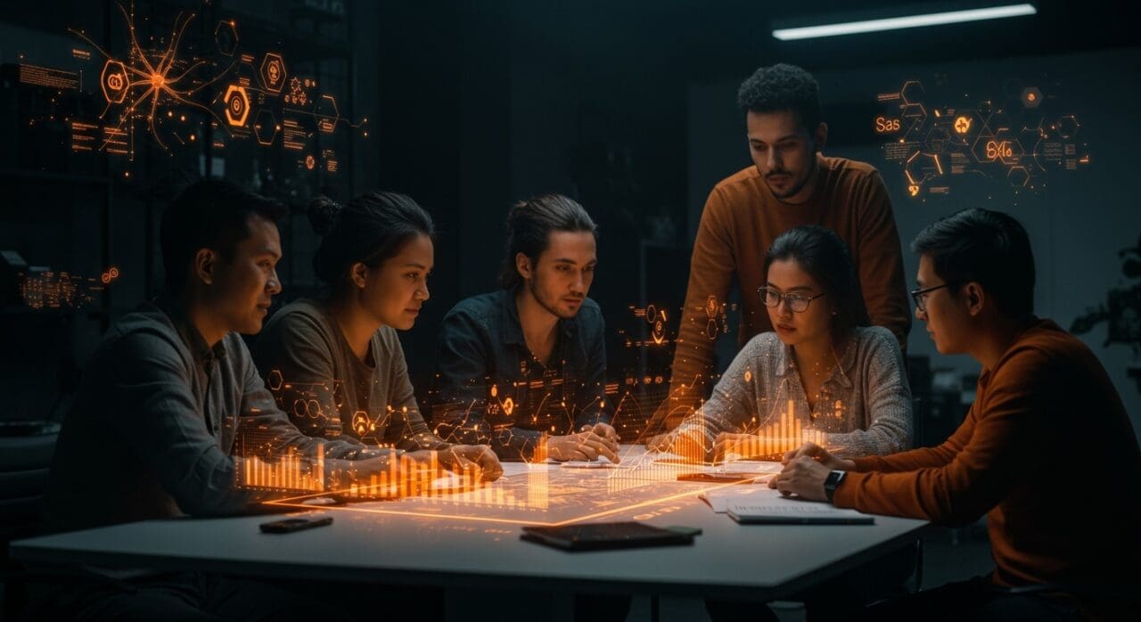 Fundadores de startups tecnológicas colaborando con ética en IA y modelos sostenibles SaaS durante crisis económica, en un entorno digital innovador.