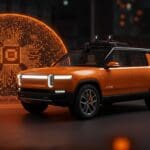 Vehículo autónomo Rivian con silicio personalizado y sensores lidar propios, simbolizando innovación en autonomía vehicular y robotaxis.