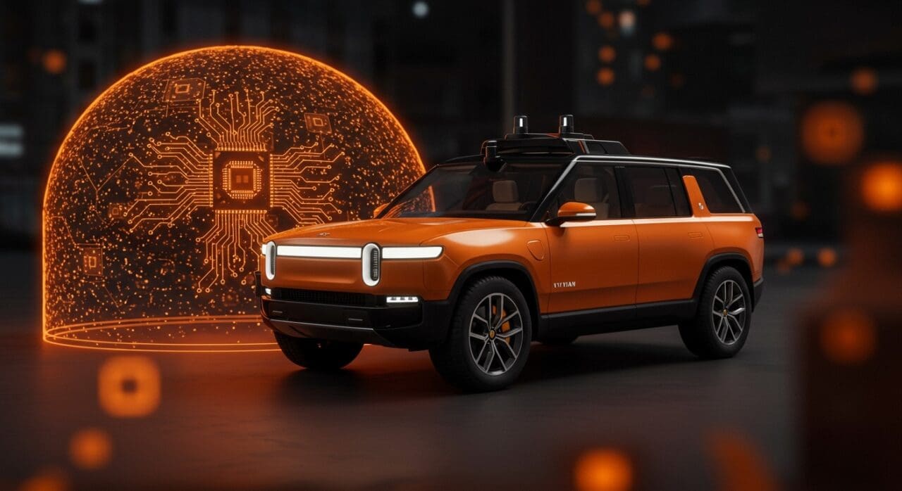 Vehículo autónomo Rivian con silicio personalizado y sensores lidar propios, simbolizando innovación en autonomía vehicular y robotaxis.