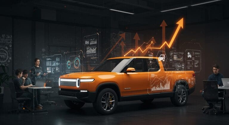 Estrategia de movilidad de Rivian con tecnología y servicios, mostrando colaboración de founders LATAM en innovación y tendencias tecnológicas.