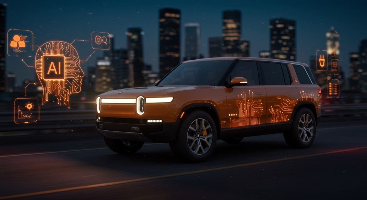 Rivian integrando inteligencia artificial en vehículos eléctricos mostrando un auto futurista con interfaz AI en un entorno urbano moderno.