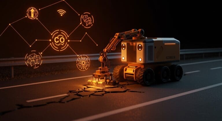 Robot de reparación de carreteras con IA aplicando tecnología sostenible y captura de carbono en innovación vial.