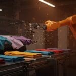 Robot inteligente doblando ropa en una fábrica automatizada, simbolizando la automatización textil con IA de Theker Robotics e Inditex.