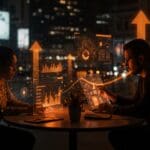 Fundadores de startups colaborando con interfaces holográficas que representan rondas seed millonarias e inteligencia artificial en publicidad exterior.