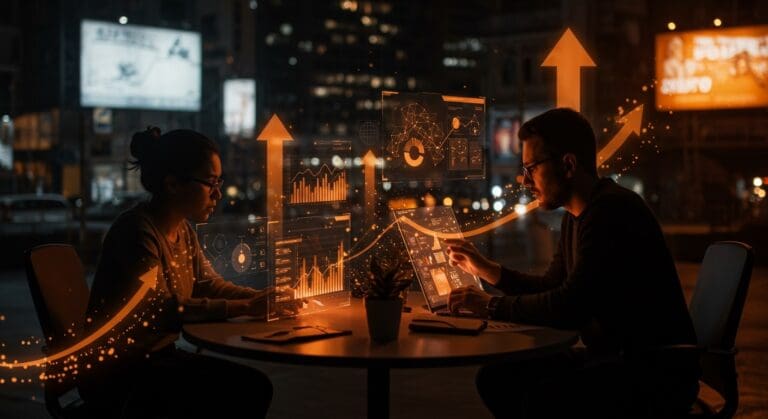 Fundadores de startups colaborando con interfaces holográficas que representan rondas seed millonarias e inteligencia artificial en publicidad exterior.