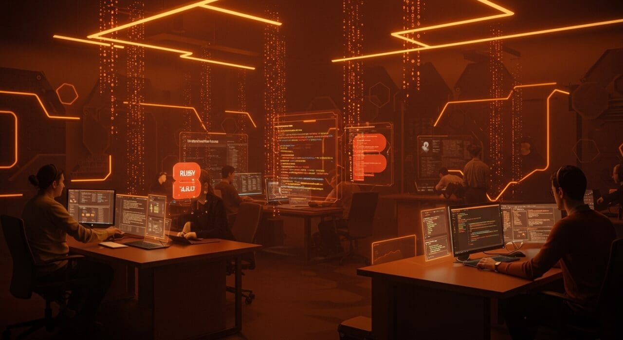 Colaboración de desarrolladores en startup tech usando Ruby 4.0.0 con Ruby Box y ZJIT representando innovación en programación y desarrollo web.