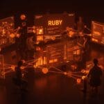 Colaboración de fundadores tech y desarrolladores en un entorno digital interactivo que representa la comunidad y el ecosistema Ruby actualizado.