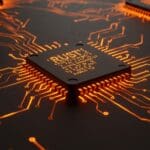 Integración del lenguaje Rust en el kernel Linux representada con código luminoso y metálico en paleta naranja y negro para tendencias tecnológicas en LATAM.