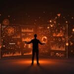 Fundador tecnológico frente a panel digital interactivo mostrando crecimiento en IA empresarial y automatización con nuevos clientes de Salesforce.