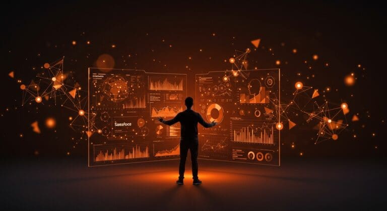 Fundador tecnológico frente a panel digital interactivo mostrando crecimiento en IA empresarial y automatización con nuevos clientes de Salesforce.