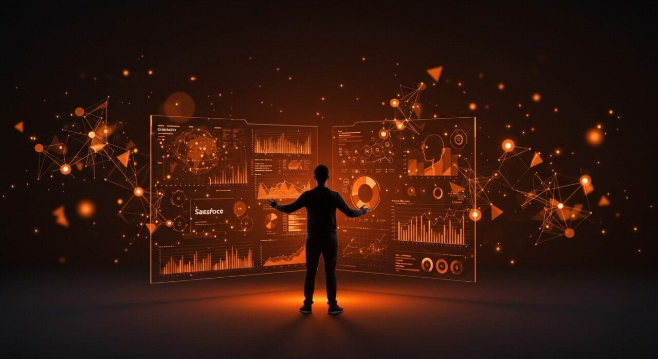 Fundador tecnológico frente a panel digital interactivo mostrando crecimiento en IA empresarial y automatización con nuevos clientes de Salesforce.