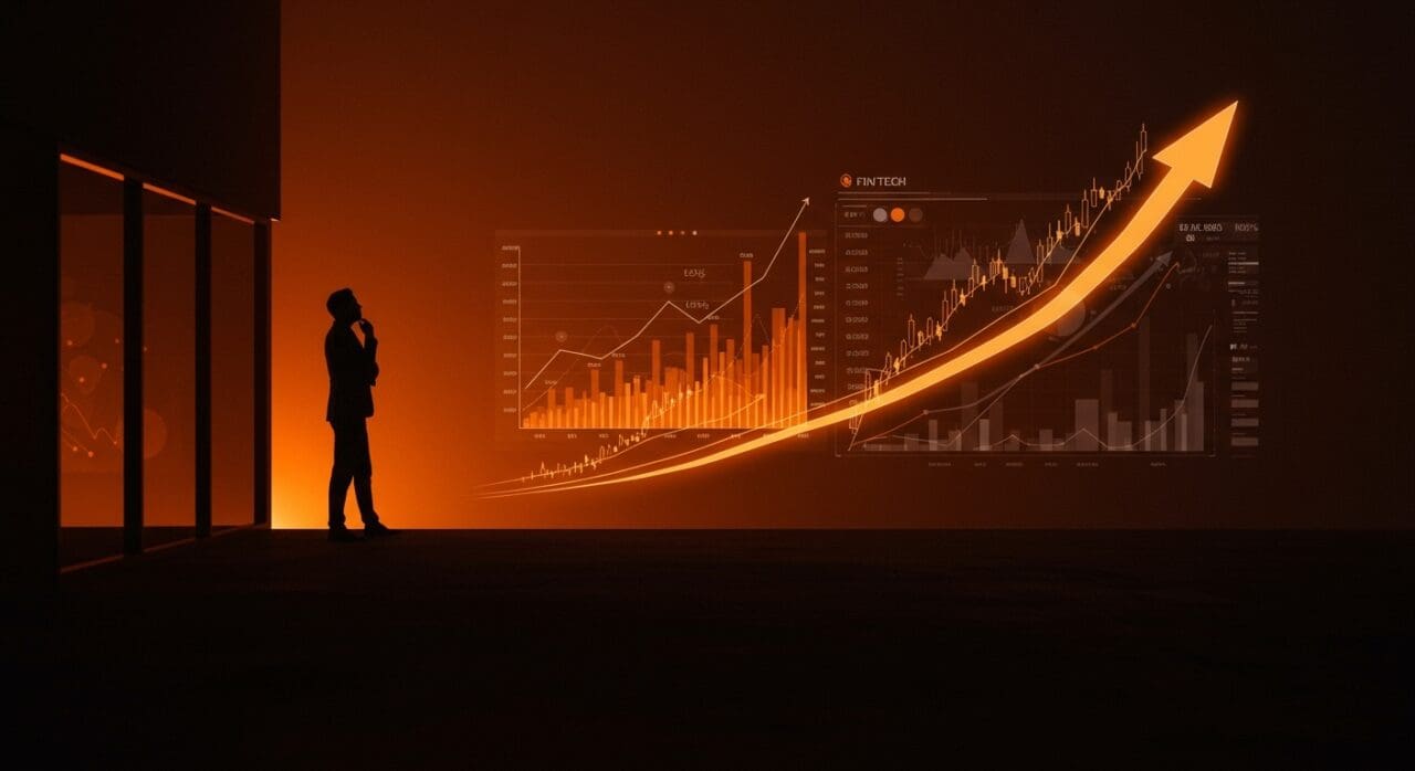 Silueta de CEO de fintech contemplando estrategia e IPO con motivos visuales de funding y crecimiento en paleta naranja y negro.