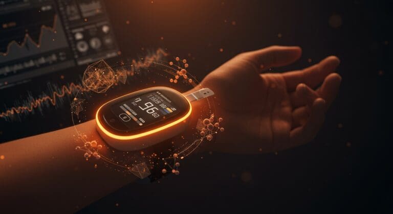 Dispositivo wearable innovador para monitoreo de glucosa sin pinchazos con IA aplicada en healthtech.