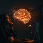 Founder reflexionando sobre salud mental y sobrediagnóstico en startups con metáforas visuales de estrés y diagnóstico en naranja y negro.