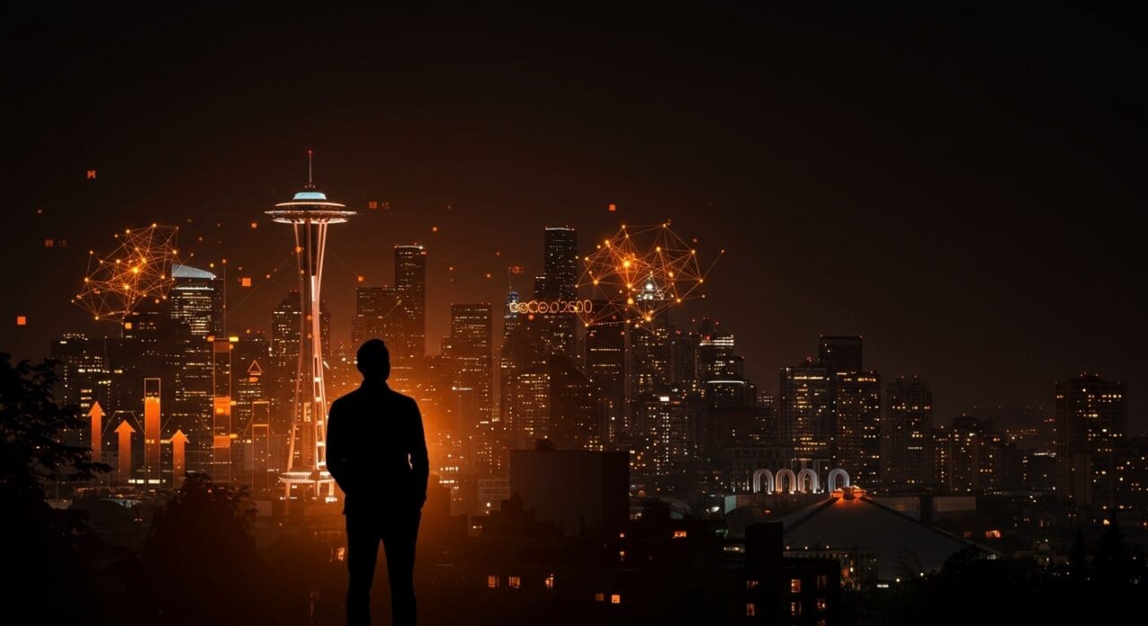 Fundador frente al skyline digital de Seattle con redes neuronales de IA que representan la adopción ética y regulada de inteligencia artificial en la cultura tech.