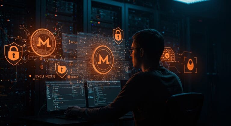 Seguridad en contenedores SaaS destacando la amenaza de cryptomining Monero y la vulnerabilidad CVE-2025-66478 con enfoque en Next.js y Docker.