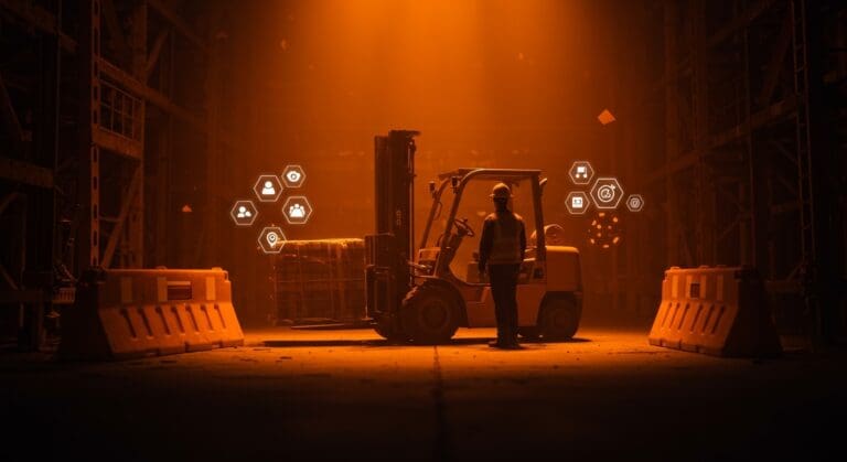Escena industrial con CEO y montacargas resaltando seguridad laboral y gestión de riesgos tras accidente fatal en startup de manufactura.