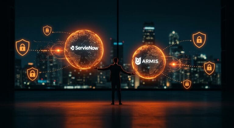 Adquisición de Armis por ServiceNow destacada con metáforas visuales de ciberseguridad y financiamiento en ecosistema tech.