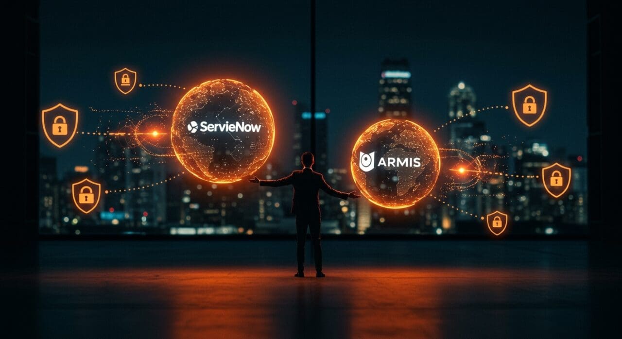 Adquisición de Armis por ServiceNow destacada con metáforas visuales de ciberseguridad y financiamiento en ecosistema tech.