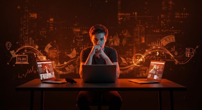 Periodismo joven y cultura startup de Silicon Valley representados con símbolos de innovación y flujos de inversión en tonos naranja y negro.