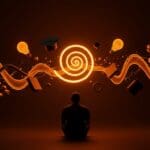 Liderazgo startup e innovación representados por una figura contemplativa con símbolos de lentitud, creatividad e inteligencia en tonos naranja y negro.