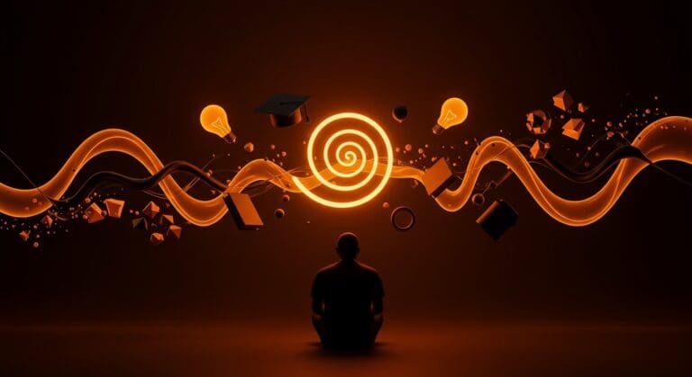 Liderazgo startup e innovación representados por una figura contemplativa con símbolos de lentitud, creatividad e inteligencia en tonos naranja y negro.