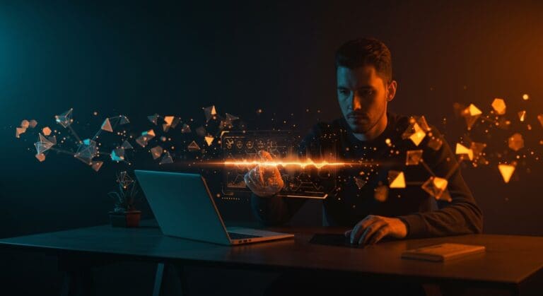 Visualización de reducción de dimensionalidad con SLR en IA, mostrando interfaz holográfica en ambiente tecnológico con paleta naranja y negra.