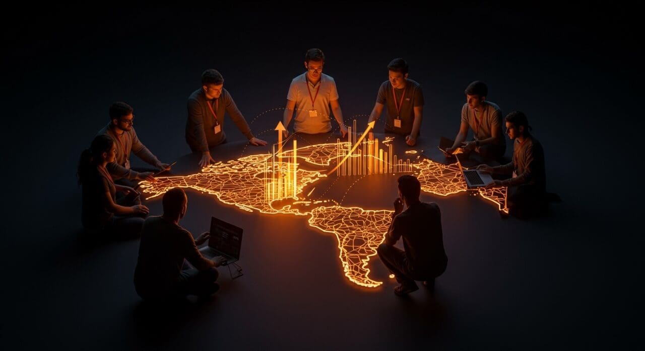 Startup founders colaborando en un mapa digital de Latinoamérica, simbolizando la innovación y el ecosistema de startups en South Summit Brazil 2026.