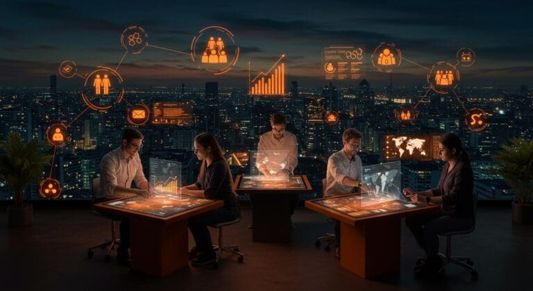 Imagen panorámica de emprendedores colaborando en Porto Alegre con metáforas visuales de innovación tecnológica y conexión de startups en América Latina para South Summit Brazil 2026.