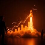 Fundador visionario frente a un gráfico de bolsa en forma de cohete representando la IPO de SpaceX y tendencias de funding en startups tech.