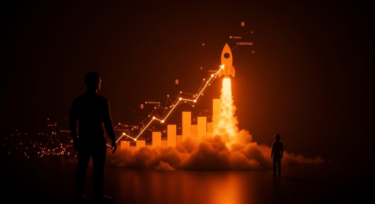 Fundador visionario frente a un gráfico de bolsa en forma de cohete representando la IPO de SpaceX y tendencias de funding en startups tech.