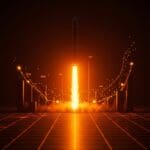 Ilustración de cohete de SpaceX ascendiendo en un entorno digital abstracto, simbolizando su liderazgo en valoración startup en EE.UU. frente a OpenAI.