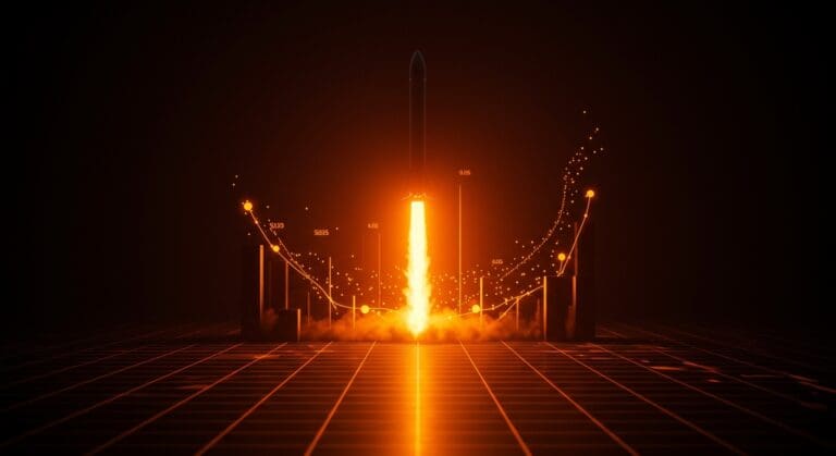 Ilustración de cohete de SpaceX ascendiendo en un entorno digital abstracto, simbolizando su liderazgo en valoración startup en EE.UU. frente a OpenAI.