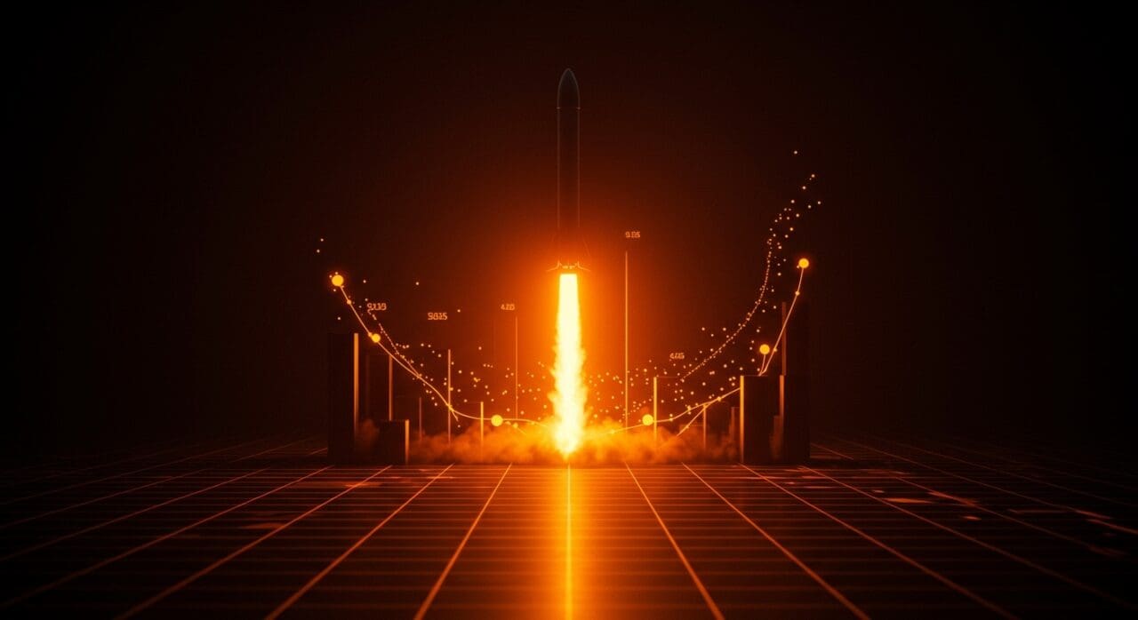 Ilustración de cohete de SpaceX ascendiendo en un entorno digital abstracto, simbolizando su liderazgo en valoración startup en EE.UU. frente a OpenAI.